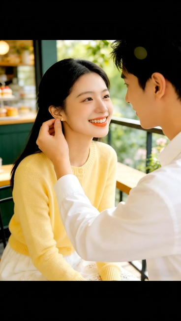 男孩的手放下来，女孩害羞的去抚摸耳朵，动作自然，整体氛围温馨甜蜜，保持画面原有的清新风格和人物特征预览效果