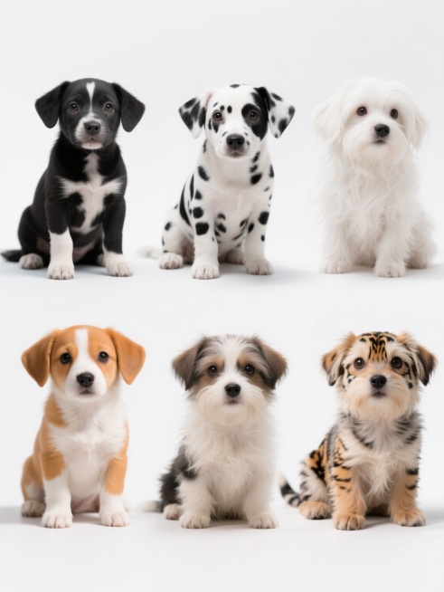 六个完全不同造型的小狗素材集合，规整排布在纯白色背景上，高清摄影写实风格，小狗分别为橘白相间、纯黑色、灰白奶牛纹、黑白条纹、纯白长毛和虎斑纹，每只姿态各异，有的坐着有的趴着有的侧躺，蓬松柔软的毛发质感，明亮有神的眼睛，自然生动的表情，光线均匀柔和，阴影细节清晰，整体画面干净整洁，突出小狗主体，高分辨率，专业宠物摄影，清晰的毛发纹理，自然的姿态，无文字无水印。预览效果