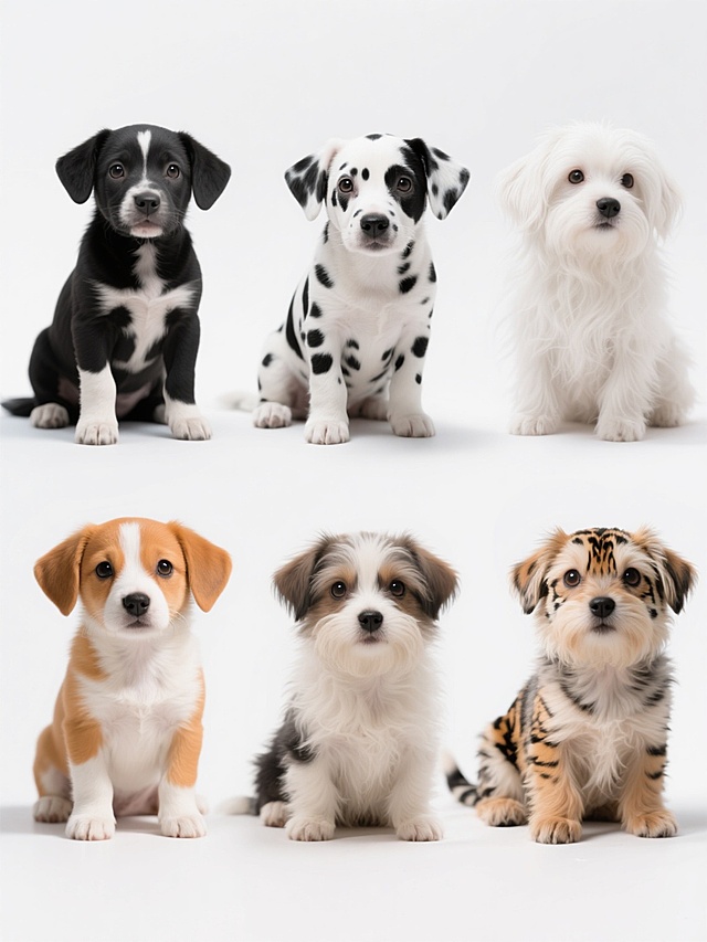 六个完全不同造型的小狗素材集合，规整排布在纯白色背景上，高清摄影写实风格，小狗分别为橘白相间、纯黑色、灰白奶牛纹、黑白条纹、纯白长毛和虎斑纹，每只姿态各异，有的坐着有的趴着有的侧躺，蓬松柔软的毛发质感，明亮有神的眼睛，自然生动的表情，光线均匀柔和，阴影细节清晰，整体画面干净整洁，突出小狗主体，高分辨率，专业宠物摄影，清晰的毛发纹理，自然的姿态，无文字无水印。