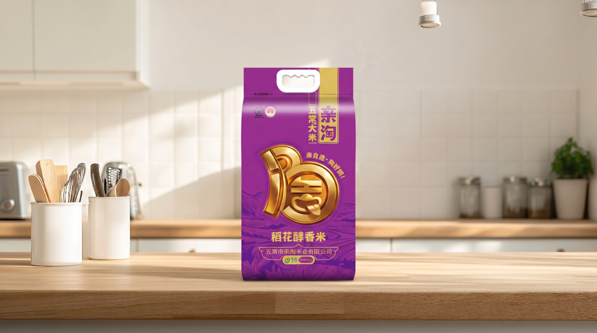 将紫色的亲淘五常稻花香大米包装袋放在图中木质台面展示，整体明亮温馨自然，厨房背景保持不变，产品包装清晰完整，画面比例为16:9，电商宣传效果图预览效果