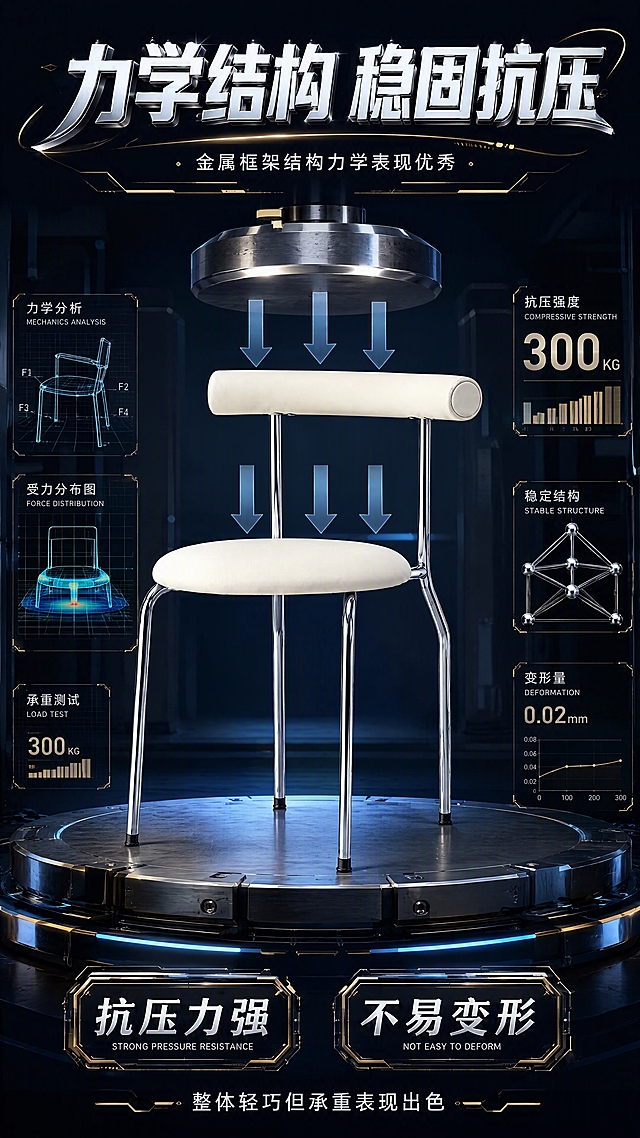 [第6张] 金属框架结构力学优秀，抗压力强卖点页。本张使用【图1】作为商品主体。
[氛围/风格] 力量感科技风，结构力学展示，高级商业摄影，无人物。
[元素布局] 椅子置于画面中央，占比约50%；椅子上方或周围有力学受力箭头示意、压力测试效果、结构力学线条图示；背景为深色科技感背景，搭配几何结构线、数据图表、承重测试装置装饰等元素；椅子结构比例颜色与输入图完全一致，不改变产品比例尺寸。
[光影质感] 侧前方聚光照明，突出椅子金属框架的力量感，阴影硬朗，金属高光锐利，整体光影对比强烈，体现稳固抗压特性。
[配色色系] 全局底色 #1A1A2E 深蓝黑色；主色电镀银色+奶油白；辅助色科技蓝、金色数据线条点缀。
[视角构图] 正面微仰视，中心构图，阅读动线上方艺术字标题 → 中间椅子+力学示意 → 下方卖点说明。
[文字版式] 顶部大艺术字主标题「力学结构 稳固抗压」，力量感艺术字体，带有立体金属效果和花体装饰；副标题「金属框架结构力学表现优秀」，小号精致艺术字；下方两个艺术字标签「抗压力强」「不易变形」，几何边框装饰；底部说明文字「整体轻巧但承重表现出色」，优雅排版。
[比例分辨率] 9:16 竖版比例，4K分辨率，文字清晰可辨，高清画质。
[负向提示词] 产品变形，比例失调，缺件错件，颜色偏差，人物出现，水印，文字错乱，文字过小，产品模糊，背景杂乱，内部结构展示。
