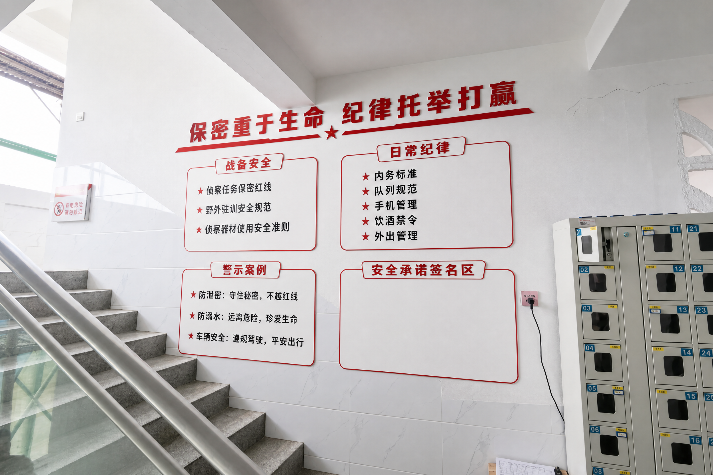 部队楼道白墙安全纪律教育文化墙设计效果图，第一视角看向楼梯间右… - 图片创意预览