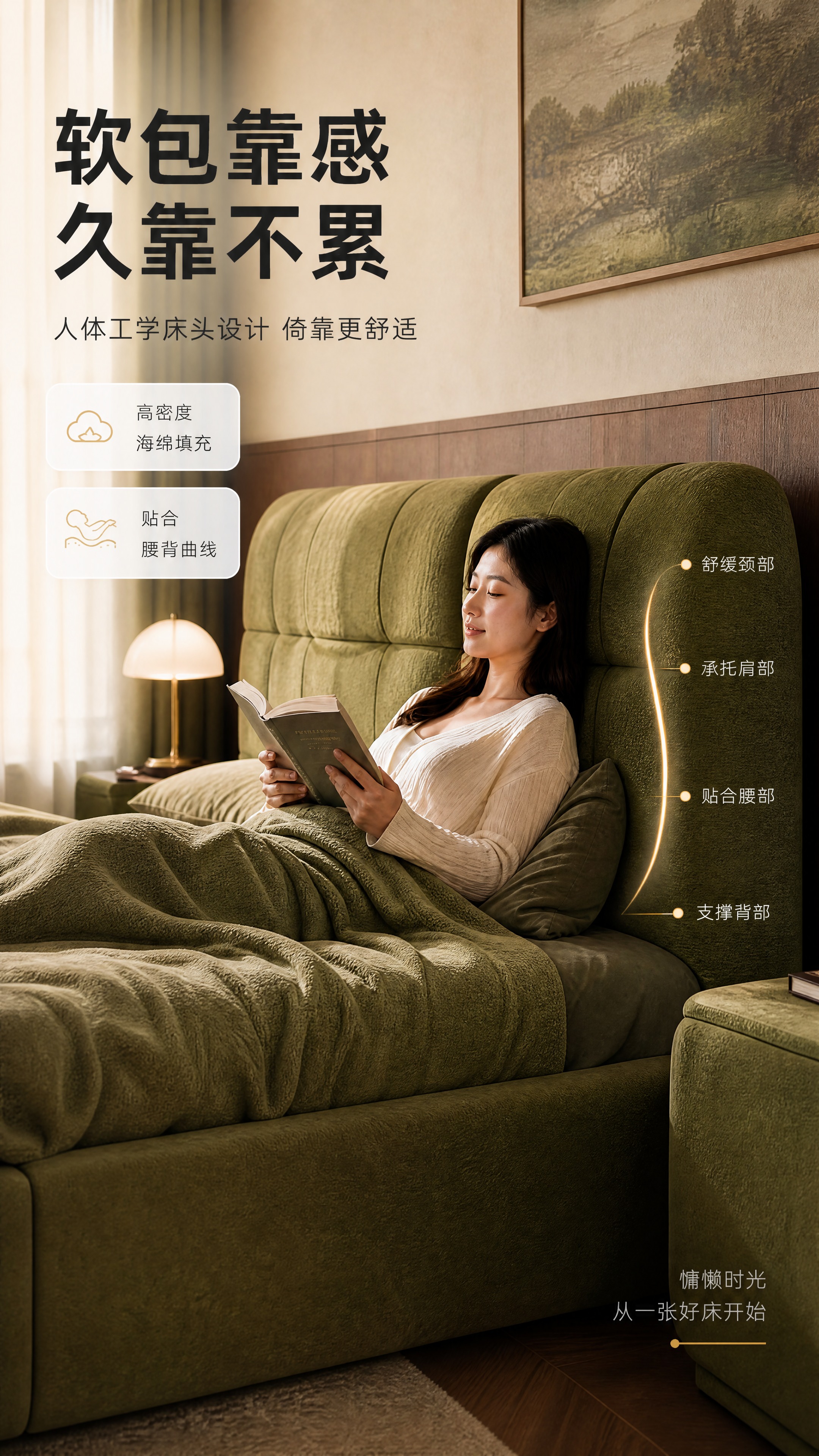 [商品] 使用【图5】橄榄绿植绒布艺软包床沉浸体验页；保留床头… - 图片创意预览