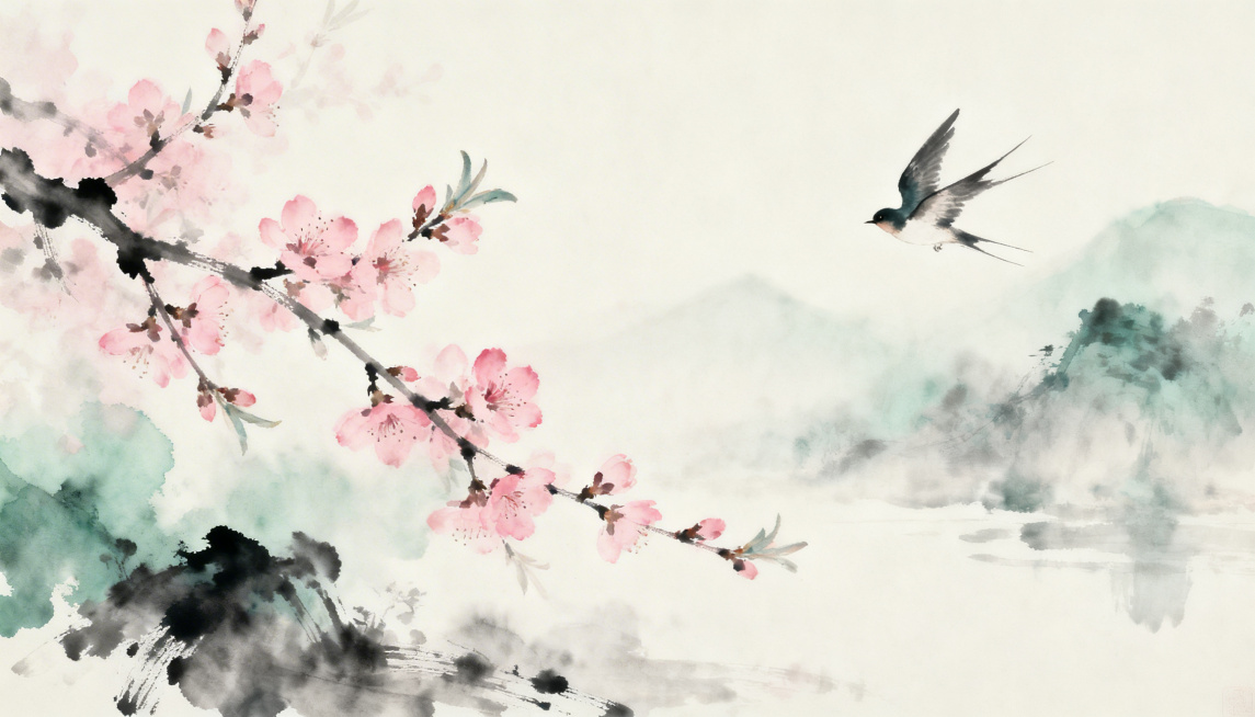 新中式水墨风格，春分时节场景，一枝粉嫩桃花从侧面伸入画面，背景是朦胧淡雅的淡墨山水，一只轻盈的燕子正从画面中飞过，整体氛围清雅淡然，充满中式传统诗意，笔触柔和有晕染质感预览效果