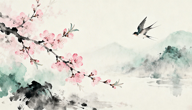 新中式水墨风格，春分时节场景，一枝粉嫩桃花从侧面伸入画面，背景是朦胧淡雅的淡墨山水，一只轻盈的燕子正从画面中飞过，整体氛围清雅淡然，充满中式传统诗意，笔触柔和有晕染质感