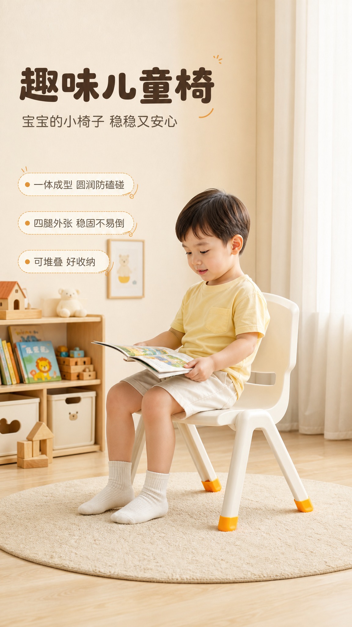 [商品] 使用【图1】米白奶油色一体成型儿童塑料椅：保留一体式… - 图片创意预览