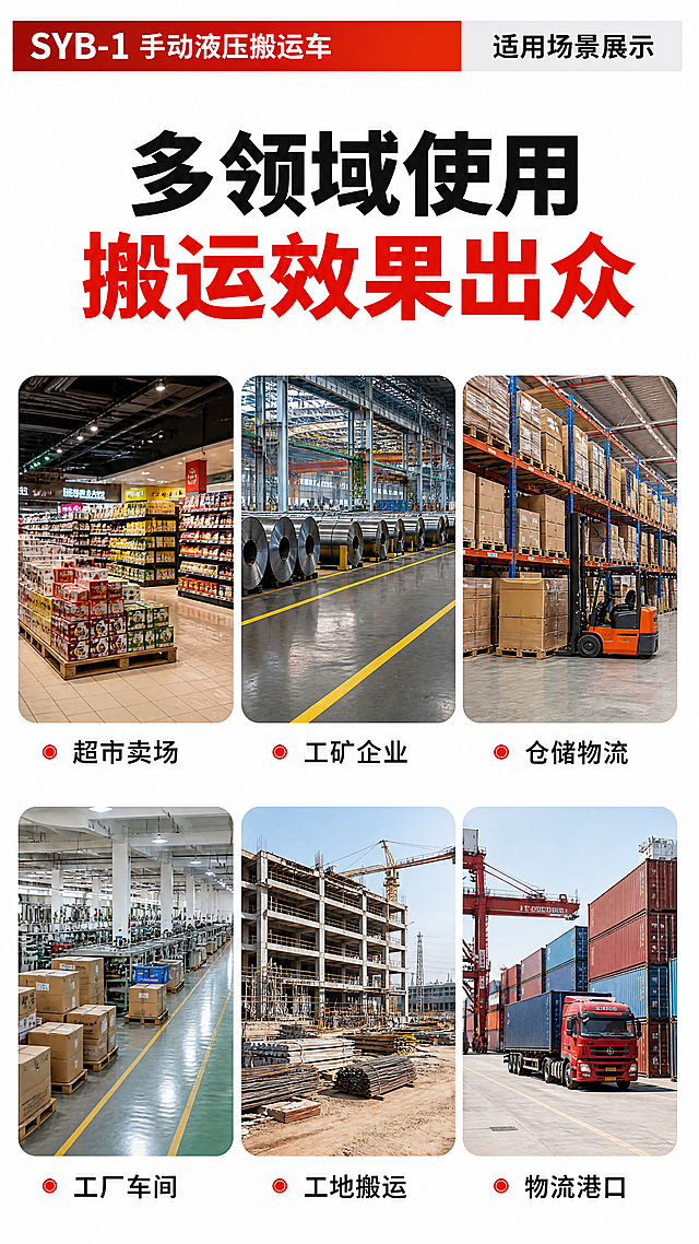 使用商品详情页技能根据商品图「图片1」生成1套详情页，参考图为「图片1」「图片1」，商品名称为SYB-1 手动液压搬运车，卖点为车身采用高强度钢板，AC一体式浇铸油缸，专为各大超市卖场、工矿企业、仓储物流而设计。，适配平台为淘宝/天猫，图片比例为9:16，需求屏数为10张，其他要求为微距工艺特写镜头