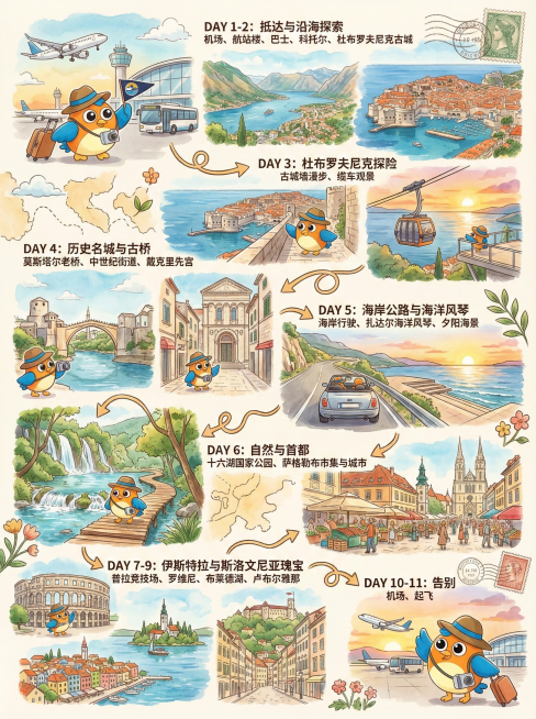 生成一幅手绘旅行行程信息插画风格的作品（尺寸 3:4)，竖版信息图排版，整体分为 6 个行程区块，以弯曲箭头串联时间顺序，清楚呈现巴尔干半岛多国旅行路线。
画面主角必须是这一只原创吉祥物 mascot预览效果