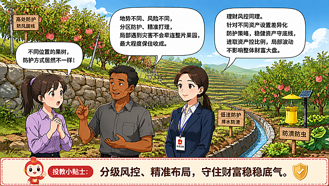 以第二张图的三个人物形象为标准模板，重绘第一张图中的三位主角，人物姿势、站位、构图完全保持不变：1. 阿明（中间男性果农）：改为年长黝黑形象，皮肤黝黑有皱纹，短发略显沧桑，脸型五官神态与第二张图阿明完全一致，保留右手指向上方、左手摊开的姿势，穿灰色短袖衬衫；2. 阿秋（左侧紫衣女生）：脸型、五官、高马尾发型、神态与第二张图阿秋完全一致，保留双手合十、惊讶表情的姿势，穿浅紫色衬衫；3. 小莞（右侧西装女性）：改为低马尾造型，棕色头发在脑后较低位置扎成马尾，额前偏分刘海，脸型五官神态与第二张图小莞完全一致，保留双手交叠于身前的姿势，穿深蓝色西装白衬衫，佩戴东莞证券工牌和蓝色挂绳；其余所有元素完全保持不变：梯田石墙背景、高处防风固枝设施、低洼排水沟、防虫灯、所有木牌文字、三个对话气泡及全部文字内容、底部投教小贴士框（含卡通形象和盾牌图标）、整体日式动画漫画风格全部不变。