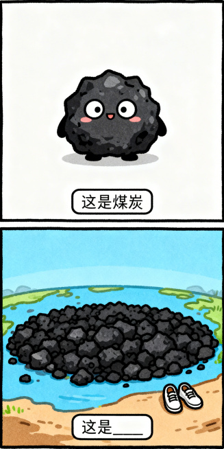 手绘搞笑纵向双格漫画，上半格：Q版可爱的煤炭，极简背景，底部文字框写“这是煤炭”；下半格：煤炭覆盖着整个世界，旁边没有一双鞋子，底部文字框写“这是____”，线条清晰，色彩鲜明预览效果