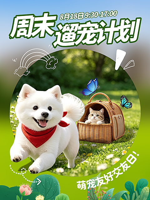 绿色可爱风周末遛宠计划小红书封面