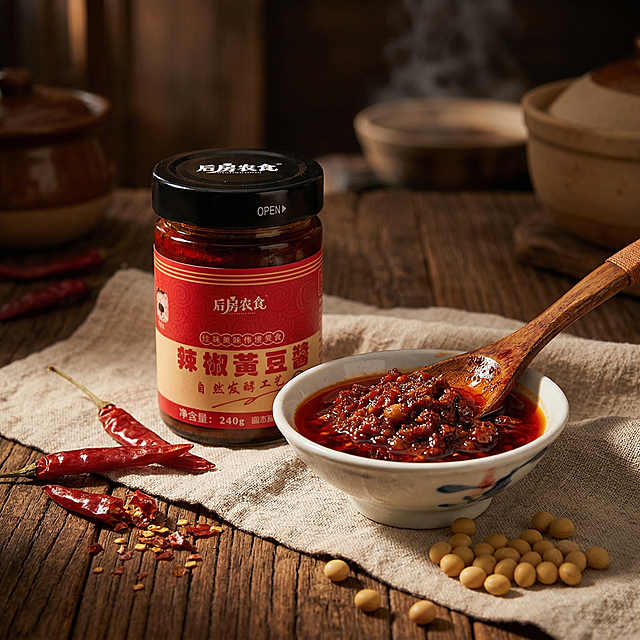 主体是后房农食辣椒黄豆酱产品罐，置于深棕色粗粝纹理的复古实木桌面，搭配木勺、白瓷碗、干辣椒、饱满黄豆，底部衬麻布，暖调侧光暗调美食光照射，突出酱料红油光泽，呈现手工家常、传统老味道的烟火气氛围，产品与场景融合自然