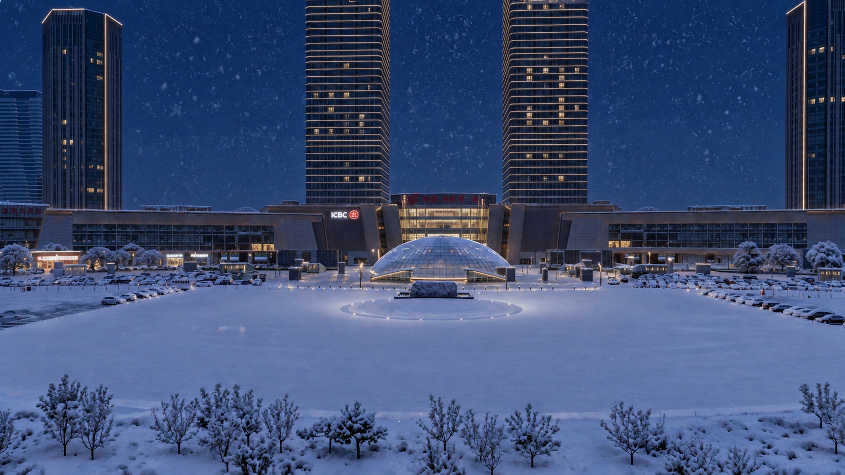 将图中的地面（广场、停车场及前景草地）全部改为覆盖着厚厚积雪的… - 图片创意预览