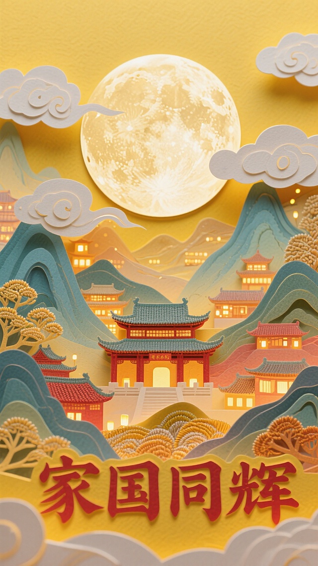 撕纸风融合国潮美学，以微缩艺术呈现中式山水与古建筑，暖黄月光映衬喜庆氛围，云山叠影间透出梦幻体积感，传递家国同辉的节日深情。