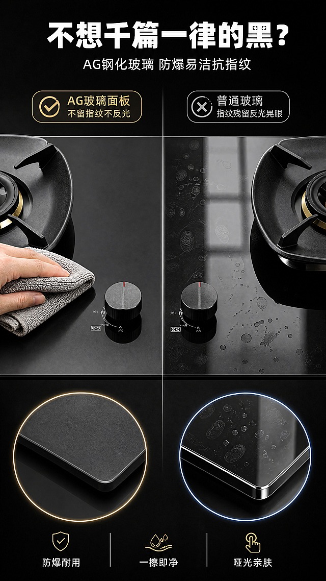 [商品] 使用【图1】嵌入式双眼燃气灶的面板部分；保留黑色钢化玻璃面板的颜色、质感和反光特性；做局部放大展示面板表面细节，不改变产品结构。
[画面] 第6张·材质细节AG钢化玻璃面板，目标突出面板易洁抗指纹特性。左右对比构图，左侧为本款AG玻璃面板：手指触摸后无指纹残留，油污用抹布一擦即净，表面细腻哑光质感；右侧为普通玻璃面板：指纹明显、反光刺眼、油污难擦。上方标题区，下方放大对比细节。产品面板占画面主要区域。
[视觉] 套系策略：风格=深色高端科技商业摄影+3D渲染质感；标题字=现代无衬线粗黑体；正文字=简洁无衬线中黑体；主色=炭黑+深灰；背景延展=基于炭黑做深浅渐变和台面反光延伸；强调色=香槟金+洁净蓝，仅用于对比标签、图标和高亮边；标题色=纯白；正文色=浅灰白；组件=左右对比分隔线、圆角标签卡、微距放大框；光影=侧光突出材质纹理差异。
[文字] 顶部主标题「不想千篇一律的黑？」，副标题「AG钢化玻璃 防爆易洁抗指纹」，左右对比标签：左侧「AG玻璃面板 不留指纹不反光」，右侧「普通玻璃 指纹残留反光晃眼」。底部3个小卖点：「防爆耐用」「一擦即净」「哑光亲肤」。文字全部横排。
[规格] 图片比例9:16竖版，4K分辨率，负向提示：避免产品颜色改变、材质表现失真、错字、文字竖排、对比夸张过度。