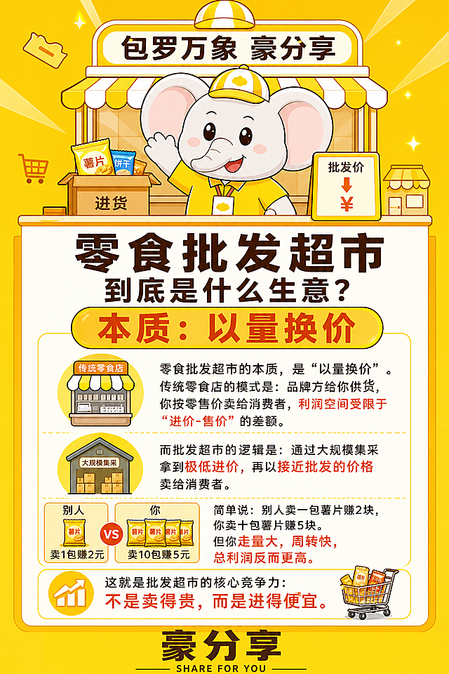 竖版知识科普招商广告，整体黄色主题，参考图中大象摊位卡通形象，调整大象为黄色衣服、正常肤色皮肤，保留原可爱招手设计，主标题："零食批发超市到底是什么生意？"，完整包含文案："零食批发超市的本质，是'以量换价'。传统零食店的模式是：品牌方给你供货，你按零售价卖给消费者，利润空间受限于'进价-售价'的差额。而批发超市的逻辑是：通过大规模集采拿到极低进价，再以接近批发的价格卖给消费者。简单说：别人卖一包薯片赚2块，你卖十包薯片赚5块。但你走量大，周转快，总利润反而更高。这就是批发超市的核心竞争力：不是卖得贵，而是进得便宜。"，排版清晰，核心观点突出，顶部保留"包罗万象 豪分享"，底部保留"豪分享 SHARE FOR YOU"，卡通插画风格，专业科普风格黄色主题，适配公众号图文