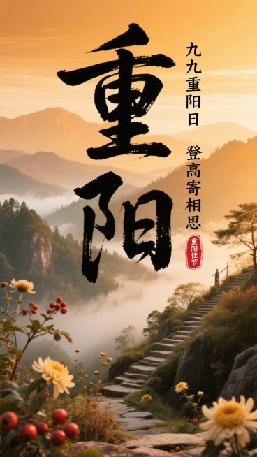 画面主体是 “重阳” 大字，小字竖排 “九九重阳日 登高寄相思”，红色印章 “重阳佳节”，背景为带有层次感的橙黄色调山林登高景象（远山、石阶、云雾点缀），有茱萸和菊花点缀。预览效果