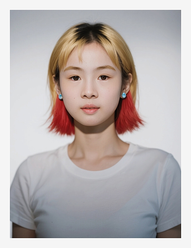 一个女生，狼尾短发，上半部分金色+下半部分嫣红色；金色眉毛；戴浅蓝色耳钉，穿白色T恤