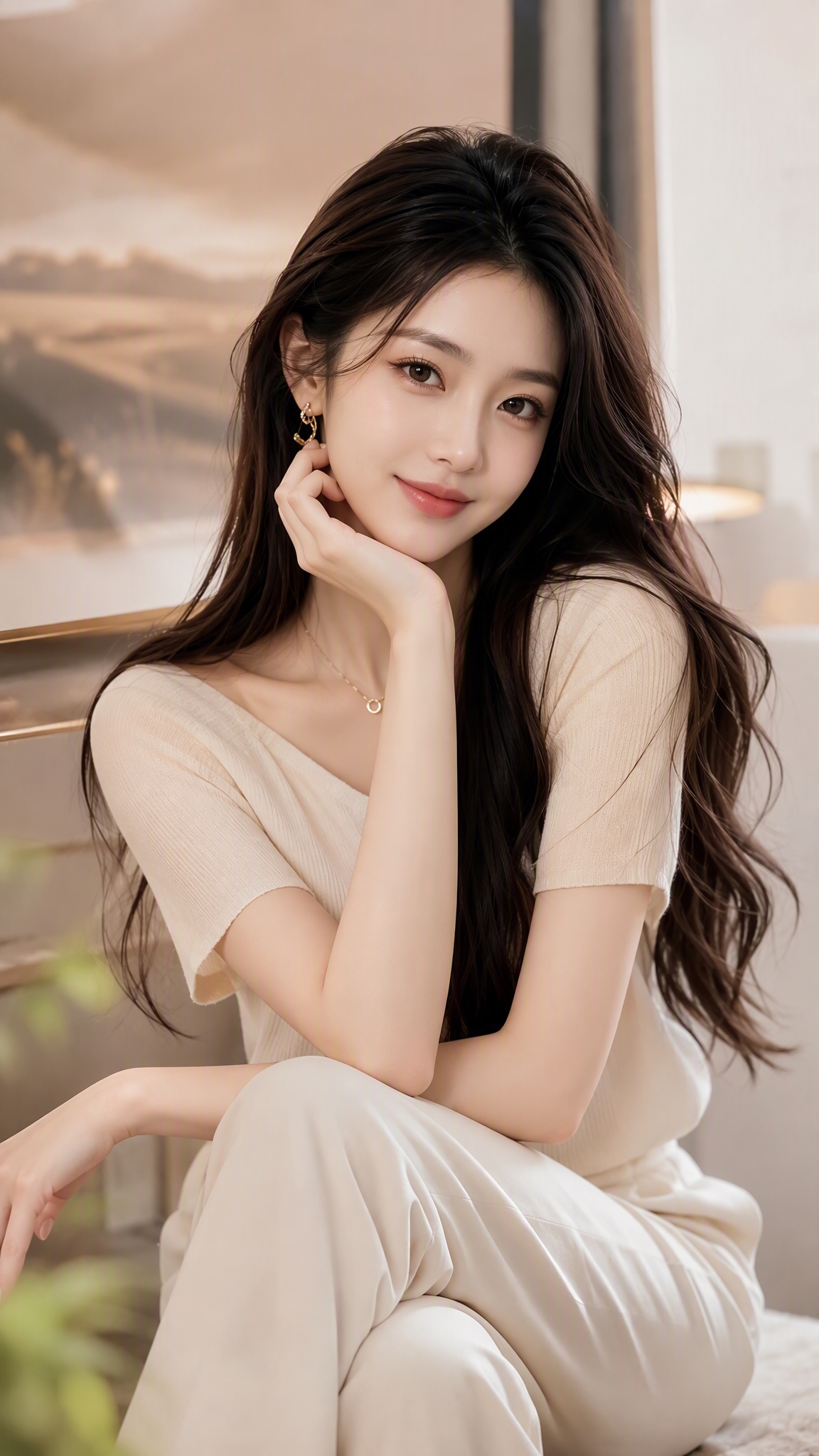一位气质优雅的年轻美女，精致的五官，自然的妆容，柔顺的长发，穿… - 图片创意预览