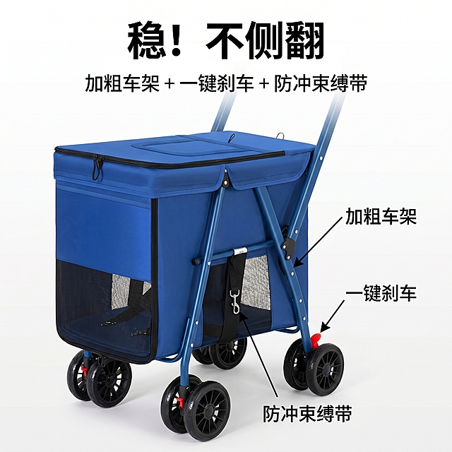 [主图 2] 中小型宠物推车安全承重卖点展示。
[氛围风格] 专业干净的淘宝电商风格，统一光影和色调，和首图保持一致风格。
[画质] 商业摄影质感、光线柔和通透、产品清晰真实、画面干净高级。
[元素] 蓝色中小型宠物推车车架和刹车结构特写，推车整体部分展示，保持蓝色推车外观结构和材质和原图一致。商品主体占比约70%，纯白色背景，画面满屏无边框，用引线标注出加粗车架、一键刹车、防冲束缚带三个结构位置。
[光影] 顶侧柔光，突出金属车架的结实质感，刹车红色部件对比清晰，明暗层次自然。
[配色] 主产品蓝色、背景白色、文字黑色，红色点缀刹车部件，对比清晰。
[视角构图] 中景平视，焦点落在车架和刹车位置，主体突出。
[文字版式] 顶部大字主标题“稳！不侧翻”黑色粗体最大号，标题下方小字卖点“加粗车架 + 一键刹车 + 防冲束缚带”字号约为标题三分之一，黑色常规字重。文字在顶部留白区域，不遮挡产品主体。
[比例分辨率] 1:1 比例，2k 分辨率；文字清晰锐利，画面超高清。
[负向提示词] 变形，水印，文字错乱，产品图模糊，背景杂乱，遮挡主体。