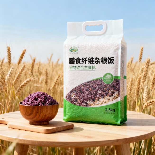 商业产品摄影，低角度仰视视角；主体是一袋 2.5kg 装的 “膳食纤维杂粮饭” 谷物混合主食原料，包装为上白下绿配色，带手提扣。左边放置一个装满煮好的紫红色杂粮饭的木碗，置于浅木色砧板和浅色木质圆桌面预览效果