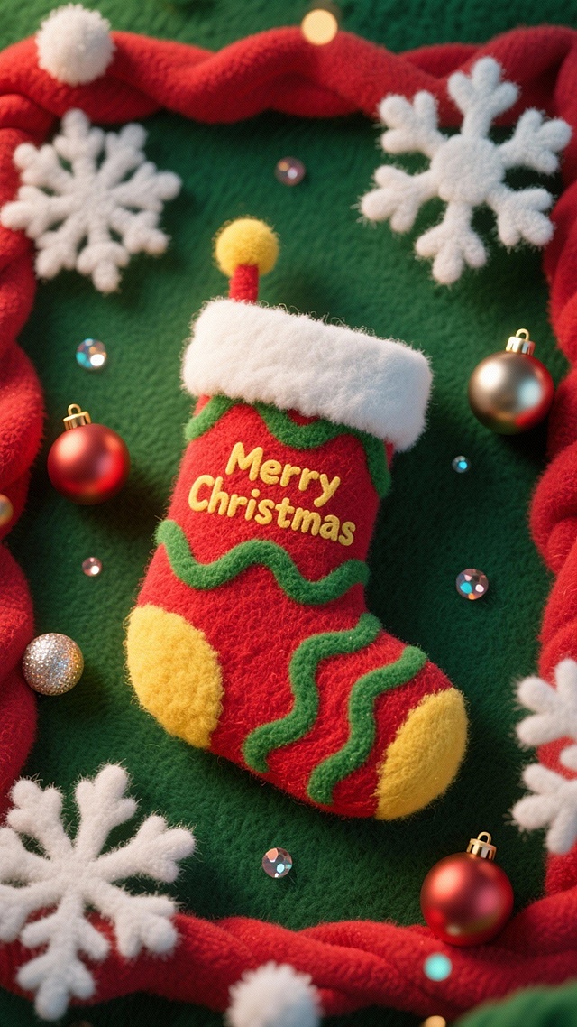 特写的精致圣诞袜（红+黄+袜身绿色波纹+“Merry Christmas”+顶部白色绒边）。周围环绕雪花装饰、装饰球、亮片。深绿色背景，边缘以红色布料环绕。俯视角构图。