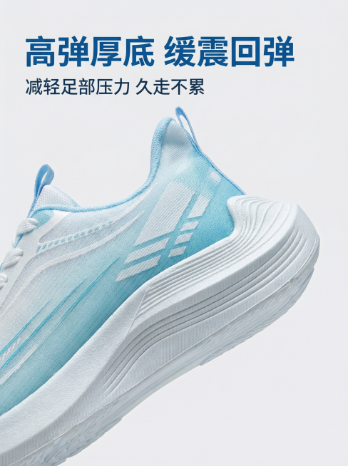 [商品详情图 3] 核心卖点-轻盈厚底
[氛围风格] 简约商业风，突出鞋底结构
[画面元素] 商业摄影质感，光线均匀柔和，细节清晰。特写展示运动鞋厚底鞋底侧边，保留原鞋底纹理和缓震设计线条，背景纯色干预览效果