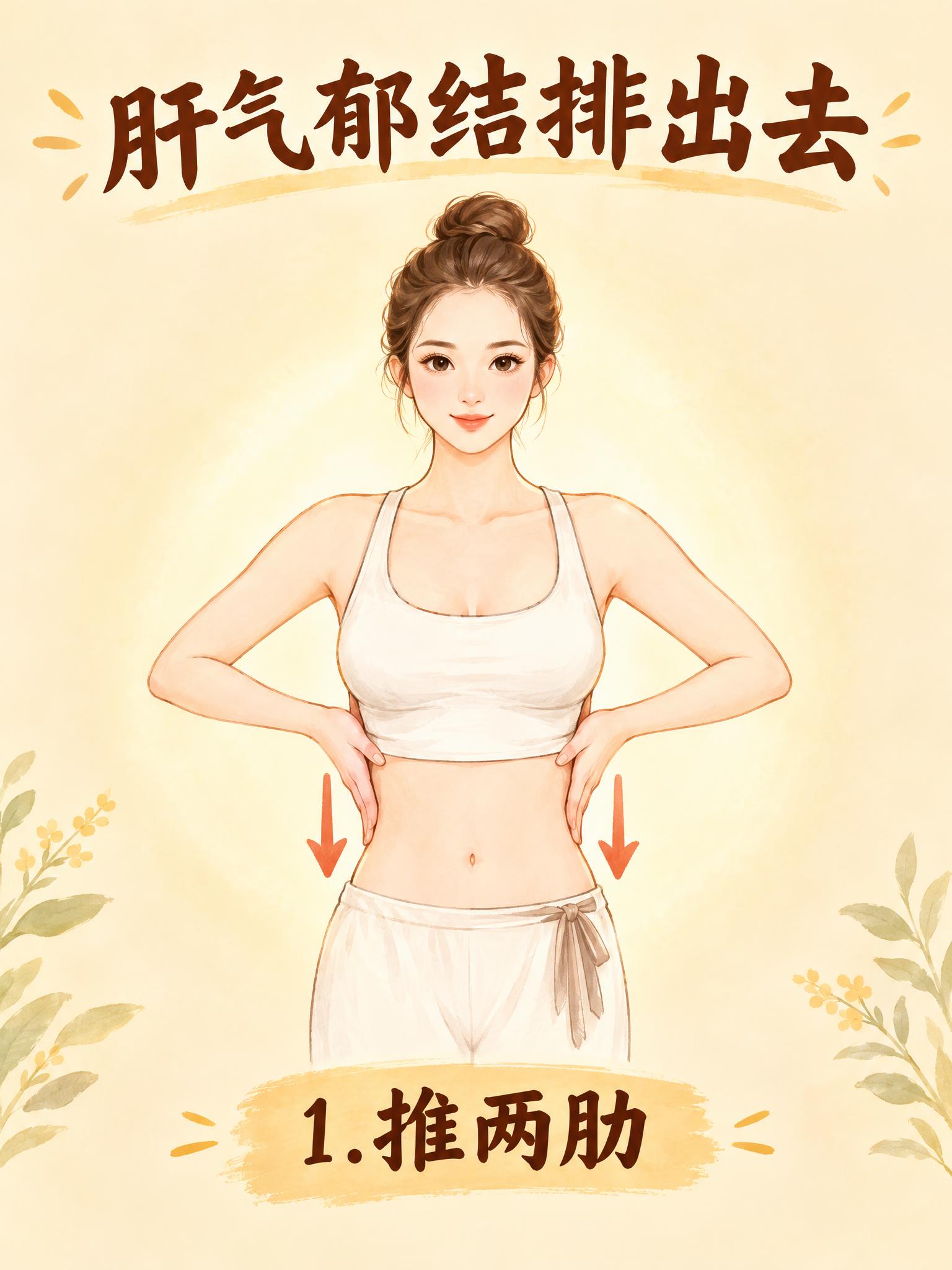 暖光疗愈插画风，中医科普宣传壁画风格。画面为推两肋养生动作示意… - 图片创意预览