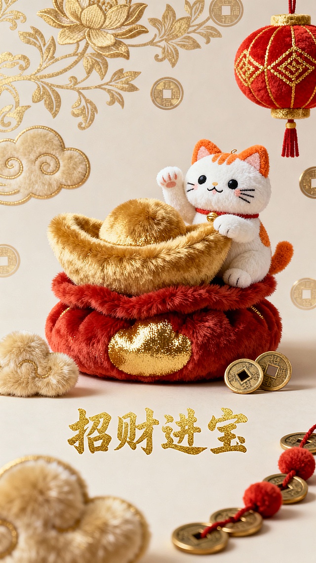 软3D毛绒招财猫坐于金元宝之上，融合刺绣风纹样与鎏金元素，中式喜庆氛围浓厚，国潮卡通感十足，传递新年招财进宝祝福。