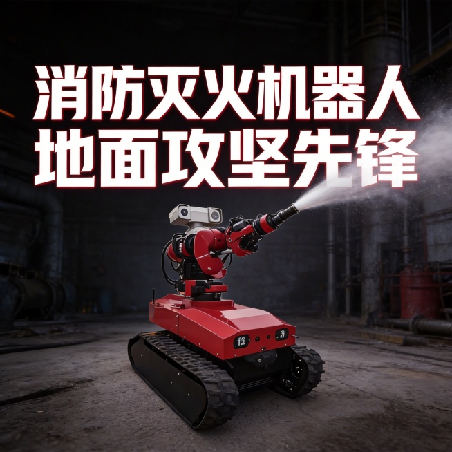 消防灭火机器人主形象图，突出机器人的红色履带式机身和智能灭火炮，背景用深色工业风场景，添加“消防灭火机器人 地面攻坚先锋”的醒目文字，整体风格硬朗专业预览效果