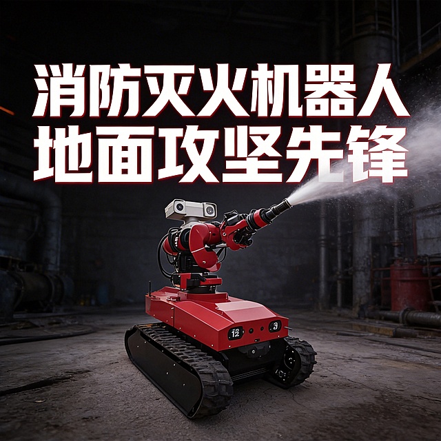 消防灭火机器人主形象图，突出机器人的红色履带式机身和智能灭火炮，背景用深色工业风场景，添加“消防灭火机器人 地面攻坚先锋”的醒目文字，整体风格硬朗专业