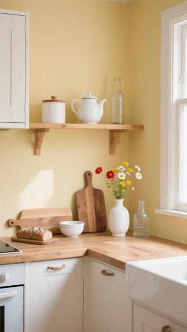 明亮温馨的厨房场景，淡黄色墙面，柔和自然光从左侧窗户洒入形成温暖光影，木质台面与白色柜门搭配，上层木质搁板摆放白色带盖糖罐、白色茶壶、带盖白色大碗、透明玻璃瓶，下层台面上有木质面包板、白色小碗、插着红黄白小花的白色陶瓷花瓶、透明玻璃小花瓶，整体呈现简约北欧风格，色彩清新明快，氛围舒适居家，细节精致，构图平衡，质感真实。预览效果