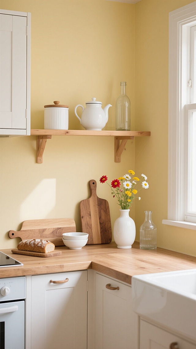 明亮温馨的厨房场景，淡黄色墙面，柔和自然光从左侧窗户洒入形成温暖光影，木质台面与白色柜门搭配，上层木质搁板摆放白色带盖糖罐、白色茶壶、带盖白色大碗、透明玻璃瓶，下层台面上有木质面包板、白色小碗、插着红黄白小花的白色陶瓷花瓶、透明玻璃小花瓶，整体呈现简约北欧风格，色彩清新明快，氛围舒适居家，细节精致，构图平衡，质感真实。