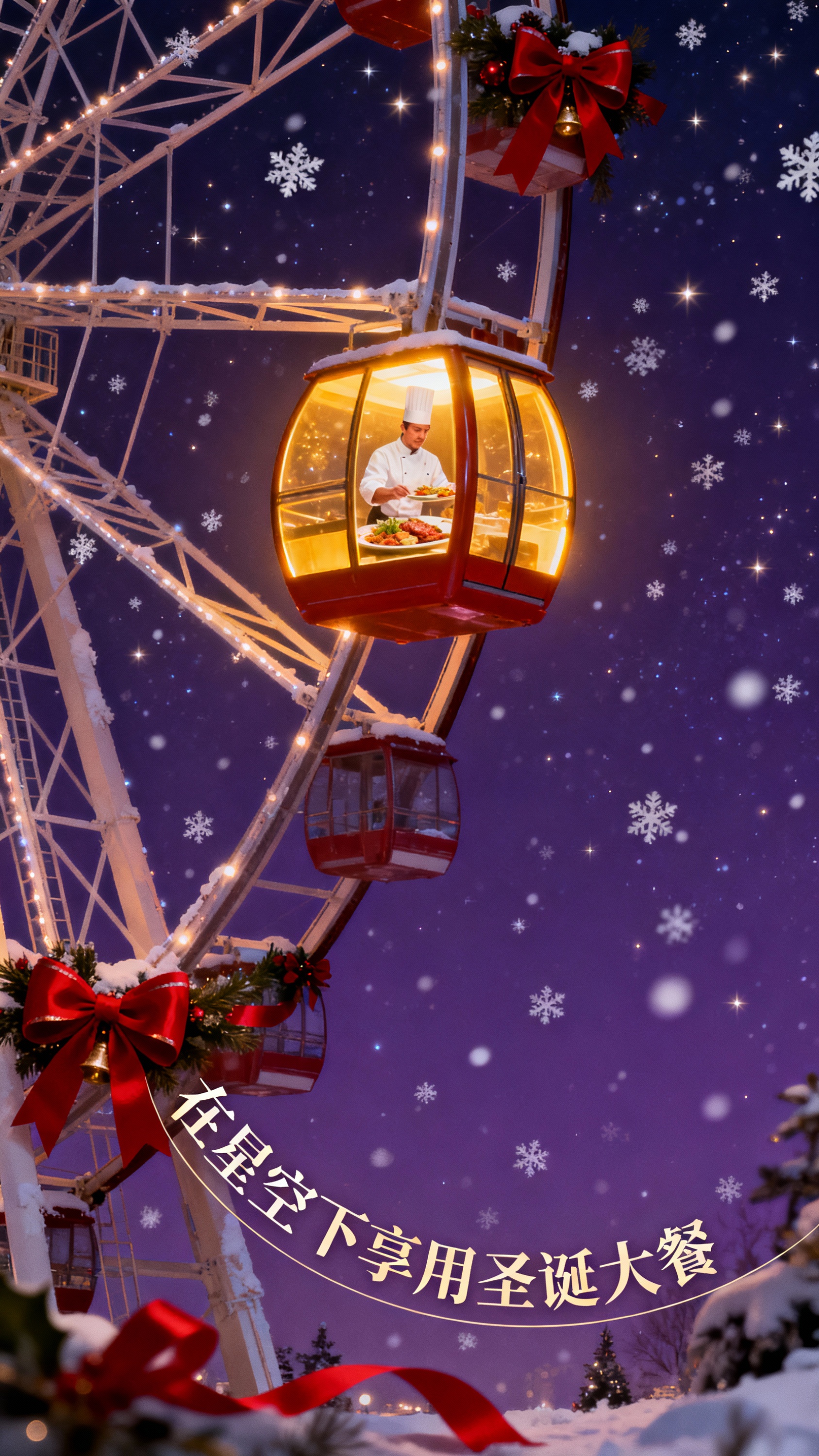 深紫色夜空为背景，点缀雪花与细小星光，中央是一座发着暖黄光的摩… - 图片创意预览
