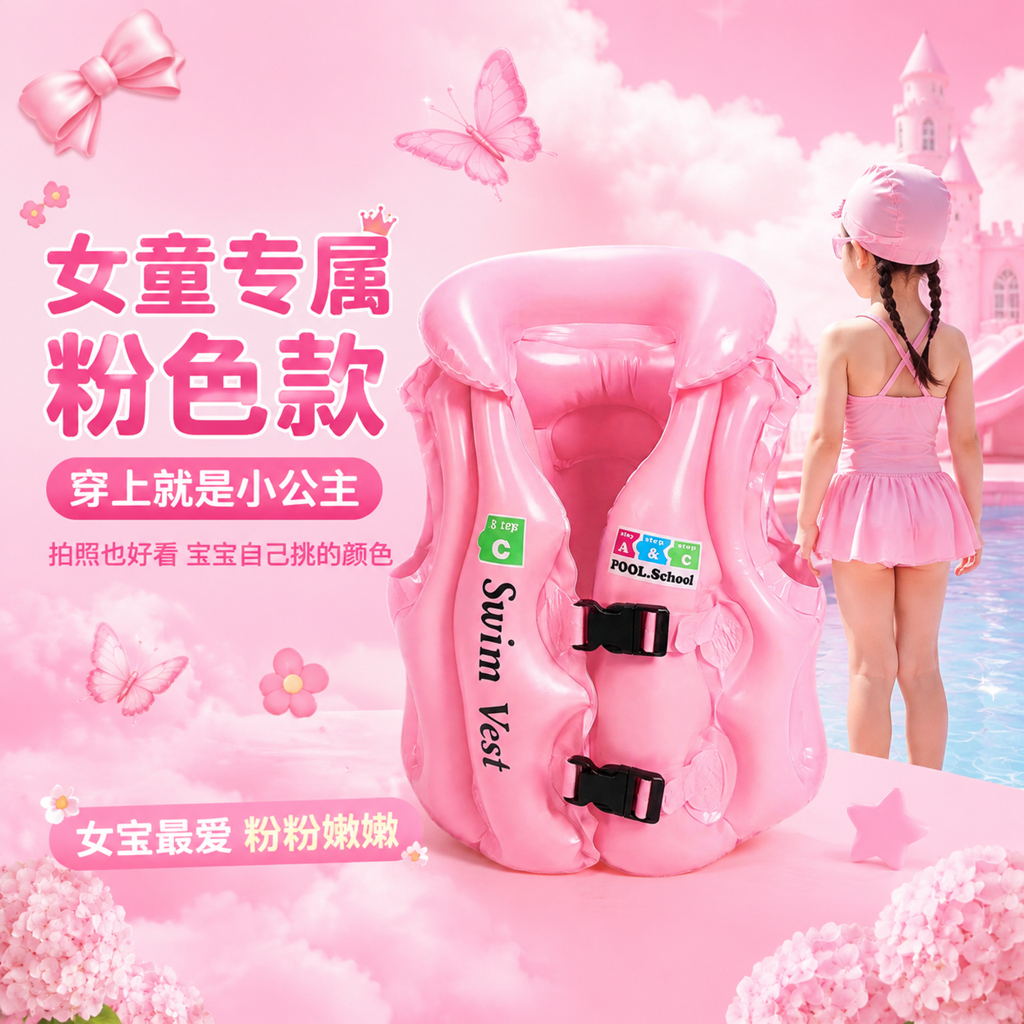 拼多多风格儿童浮力背心主图第九张，女童专属粉色款。画面中央粉色… - 图片创意预览