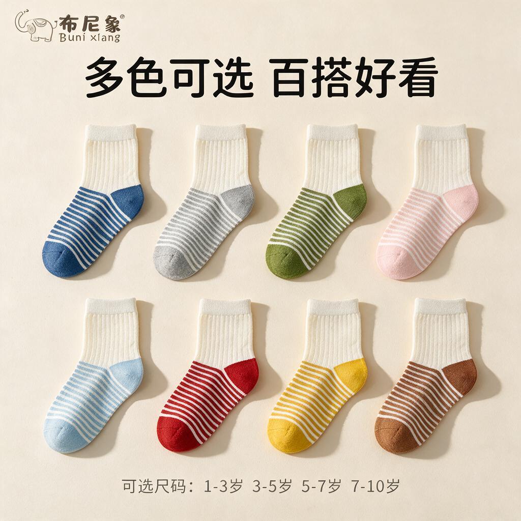 [主图-3] 儿童袜子多色多款规格展示图，展示丰富配色选择，多… - 图片创意预览