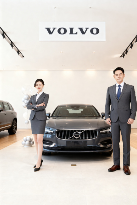 更换背景为明亮通透的沃尔沃汽车展厅，北欧简约风格，浅色调墙面与地面，轨道灯柔和照明。正中央展示深灰色沃尔沃S90轿车，突出直瀑式镀铬格栅与沃尔沃铁标，天花板悬挂 “VOLVO” 品牌标识，左侧有气球装预览效果