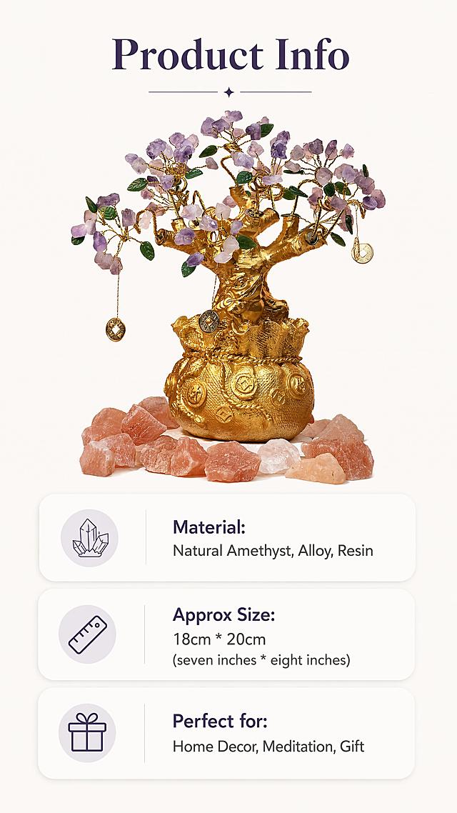 [第8屏] 规格信息卡，Product Specification Information。本屏使用【图1】作为商品主体。
[氛围/风格] 简约清晰信息卡风格，干净整洁，信息一目了然。
[元素布局] 产品缩小放置在上半部分，保留完整造型颜色不变；下半部分排列规格信息卡片，圆角卡片设计，搭配简单图标；产品占画面约45%，整体排版干净舒适。
[光影质感] 均匀柔光，产品和信息都清晰明亮，无明显阴影。
[配色色系] 全局底色 #f7f5f3；主色浅白底+产品紫金色；辅助色浅灰分隔线。
[视角构图] 正面居中构图，信息排版清晰，阅读顺序从上到下。
[文字版式] 顶部主标题「Product Info」，下方分条列出信息：- Material: Natural Amethyst, Alloy, Resin - Approx Size: 18cm * 20cm (seven inches * eight inches) - Perfect for: Home Decor, Meditation, Gift ，文字清晰大小适中，排版整齐。
[比例分辨率] 9:16 竖版比例，4K分辨率，文字清晰可辨，高清画质。
[负向提示词] 产品变形，文字模糊，排版混乱，中文文字，水印，信息错误。