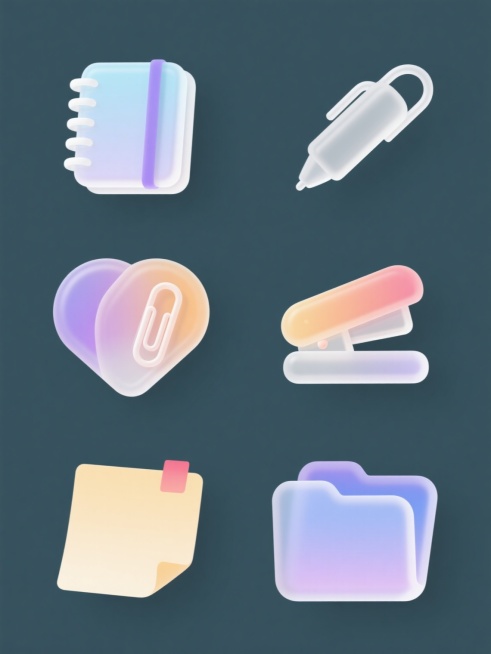 六个不同的办公用具图标，包括笔记本、钢笔、回形针、订书机、便利贴和文件夹，每个都采用半透明磨砂质感的塑料材质，边缘有白色高光，呈现渐变色彩，背景为纯色，图标整齐排列成两行三列，保持现代化的简约设计风格预览效果