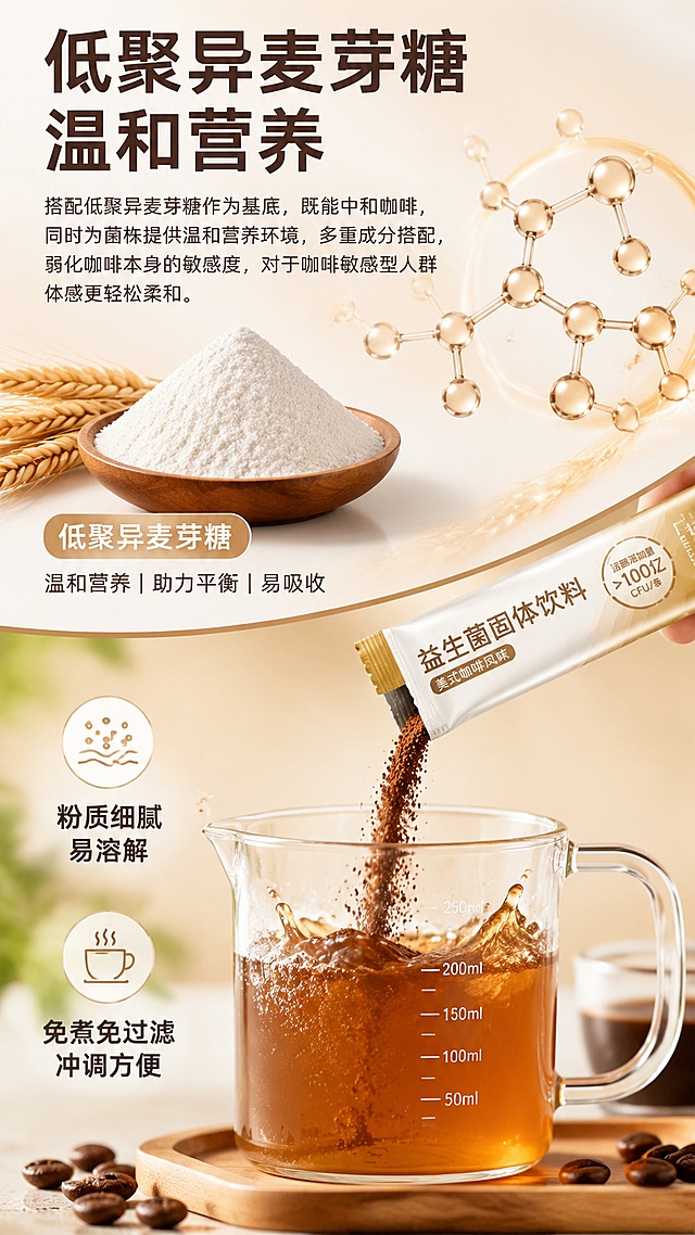 [第4屏] 低聚异麦芽糖成分介绍+冲调过程展示。
[氛围/风格] 清新自然风格，干净明亮，金棕色调延续，展示产品溶解过程的细腻质感。
[元素布局] 画面上半部分介绍低聚异麦芽糖成分，配有低聚异麦芽糖的分子结构示意或原料图；下半部分展示冲调过程：小袋子往量杯中倒咖啡粉，粉末溶解在水中的动态瞬间效果；背景为浅金棕色渐变，干净通透；整体画面层次丰富。
[光影质感] 柔和自然光，冲调液体通透有光泽，咖啡粉颗粒细腻可见。
[配色色系] 全局底色 #FFF5EB；主色金棕色、咖啡色；辅助色白色、浅米色。
[视角构图] 上下结构，顶部标题 → 成分说明 → 冲调过程展示。
[文字版式] 顶部大标题「低聚异麦芽糖 温和营养」，字体醒目；正文内容：搭配低聚异麦芽糖作为基底，既能中和咖啡，同时为菌株提供温和营养环境，多重成分搭配，弱化咖啡本身的敏感度，对于咖啡敏感型人群体感更轻松柔和。下半部分冲调过程图旁标注「粉质细腻 易溶解」「免煮免过滤 冲调方便」；字体偏大，手机端易读。
[比例分辨率] 9:16 竖版比例，4K分辨率，文字清晰可辨。
[负向提示词] 画面模糊，文字错乱，水印，颜色偏差，质感差。