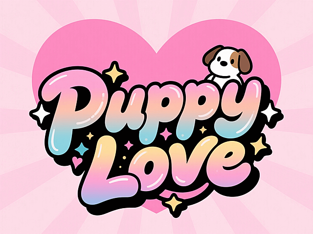 日本少女漫风格，（文字“Puppy Love”，文字融合星星点缀装饰，文字旁装饰一只小狗的头像），一个巨大的渐变爱心图形在文字背后，画面整体采用淡粉色调，粉色背景带有淡淡的放射线效果