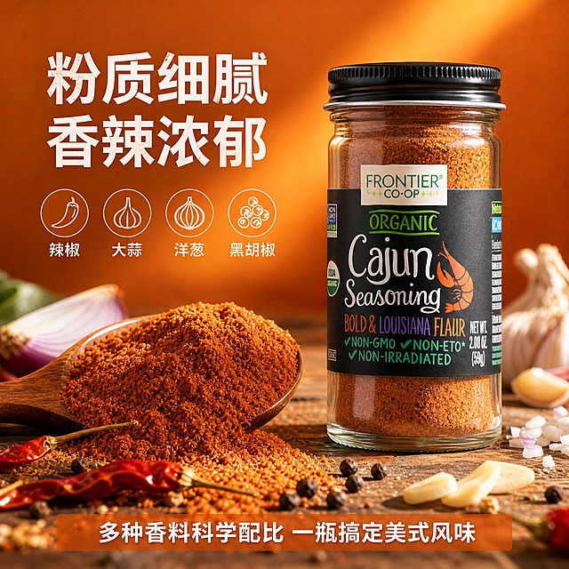 基于产品图生成第二张淘宝主图 粉质细节与成分款 保持Frontier Co-op有机卡真调味料瓶身外观完全一致 黑色瓶盖 黑色标签带绿边 虾图案 Cajun Seasoning字样

画面中心偏右放置产品瓶 占画面40% 左侧是一大勺红棕色卡真粉的微距特写 粉末细腻有光泽 颗粒感真实 旁边散落多种香料原料 红辣椒 蒜片 洋葱碎 黑胡椒粒 展示成分天然

背景是暖橙色渐变 搭配木质纹理台面 自然暖阳逆光 突出粉末的油亮质感与食欲感

左侧上方主标题「粉质细腻 香辣浓郁」 下方排列4个圆形图标+文字 分别是「辣椒」「大蒜」「洋葱」「黑胡椒」 展示核心成分

底部半透明暖橙色悬浮条 两端留空 白色文字写「多种香料科学配比 一瓶搞定美式风味」

整体暖橙红色系 与第一张风格统一 美食摄影质感 微距细节清晰 1:1正方形 文字清晰可读

禁止：瓶身变形 标签错字 粉末质感虚假 原料种类错误 背景杂乱 水印 平台Logo 文字遮挡主体 低清晰度