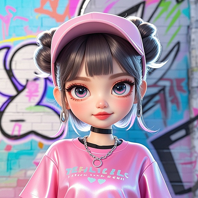 一个女生，粉色t恤，个性发型，带帽子