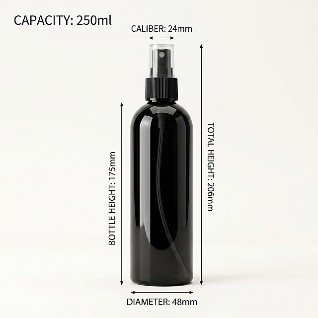 250ml black glossy PET spray bottle size specification main image. Advanced minimalist fresh natural style, light off-white background, in line with Amazon cross-border platform aesthetic. Commercial photography texture, soft and transparent light, clear and realistic product, clean and high-level picture. The single spray bottle is centered, the bottle body is black glossy, the spray nozzle is black, the top is equipped with a transparent dust cover, keep the original product size parameters (total height 206mm, bottle height 175mm, diameter 48mm, caliber 24mm) completely consistent, no deformation and color difference, refined processing. The product occupies about 75% of the picture. Soft studio uniform light, bright and even, natural light and shadow transition, highlight the glossy texture of the black bottle body. English text layout: mark the size parameters next to the product, "Capacity: 250ml", "Total Height: 206mm", "Bottle Height: 175mm", "Diameter: 48mm", "Caliber: 24mm", the text is simple black sans-serif font, high contrast with the light background, clear and easy to read, the text is placed in the negative space, do not block the product main body. 1:1 ratio, 2k resolution, super high definition. Negative prompt: deformation, watermark, text disorder, blurred product image, messy background, Chinese characters, decorative border, irrelevant props, transparent bottle body, white nozzle.