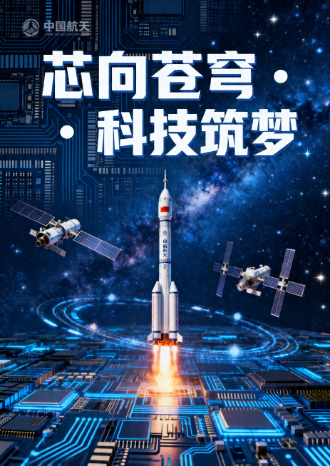 科技主题海报，主标题《芯向苍穹・科技筑梦》，中国航天科技风格，深蓝色星空背景搭配芯片纹理，融入火箭、卫星等航天元素，充满未来科技感，高端大气，适合A3尺寸印刷预览效果