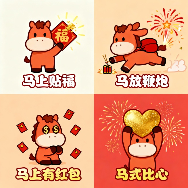 治愈系扁平化插画风格，一张马年新春热梗四宫格表情包插画。

画面为一个正方形画布，被均匀分成四个小格子（四宫格布局），每个格子中都是同一只可爱拟人化的小马角色，角色形象保持一致：大头小身体，圆润比例，预览效果