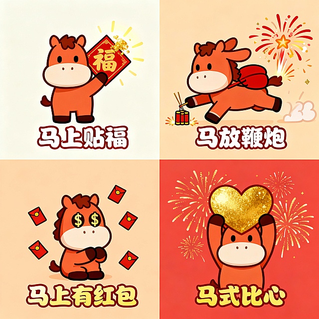 治愈系扁平化插画风格，一张马年新春热梗四宫格表情包插画。

画面为一个正方形画布，被均匀分成四个小格子（四宫格布局），每个格子中都是同一只可爱拟人化的小马角色，角色形象保持一致：大头小身体，圆润比例，线条简洁，整体风格统一。

四个格子内容分别为：

左上格：「马上贴福」
小马踮起脚尖，认真地将一张“福”字贴在门上。福字可设计为可翻转的动画，正贴后倒贴，最后冒出一圈金色光晕。

右上格：「马放鞭炮」
一匹胆子稍小的小马，伸长前蹄用香远距离点鞭炮，身体后缩，耳朵紧张地背起。点燃后，立刻转身逃跑，身后炸开一团可爱的卡通烟花。

左下格：「马上有红包」
小马化身“恭喜发财”姿势，双蹄作揖，眼睛却变成“$ $”符号，直勾勾盯着画面外，暗示“红包拿来”。身边可飞舞几个迷你红包。

右下格：「马式比心」
小马用两只前蹄在头顶比出一个超大的爱心，爱心可由闪亮的金色或红色构成，背景是绽放的烟花，适合拜年结尾。

每个格子内都配有对应文字：
「马上贴福 / 马放鞭炮 / 马上有红包 / 马式比心」
文字为圆润可爱的手写风中文字体，白色或金黄色字体，搭配红色描边，清晰易读。

整体色彩为治愈亮色系新年配色：
主色调为暖红色、奶油米白、浅橙色
点缀少量金色
四个格子的背景颜色略有变化，但整体和谐统一，可使用浅米白、淡橙、浅红等纯色背景。每块格子上面上面稍微留空一些便于后期放logo。

插画风格为扁平化设计，色块清晰，无复杂光影和写实质感，画面简洁、治愈、有年味，非常适合社交平台发布的马年热梗表情包合集。
