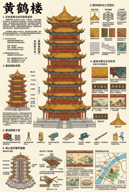 A3大小的武汉黄鹤楼信息可视化流程图展板，复古精致信息密度高的图解风格，主色调为金黄色琉璃瓦、朱红色柱梁、汉白玉白色栏杆以及青绿、金色的彩绘色彩。展板包含六个核心板块：1.历史发展与诗词背景说明：阐述预览效果