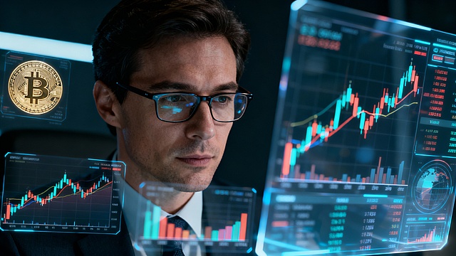 Financial analyst wearing glasses, focused expression, transparent hologram market data floating around, crypto and stock charts, dark tech environment, institutional investment mood, cinematic lighting, high detail realism,