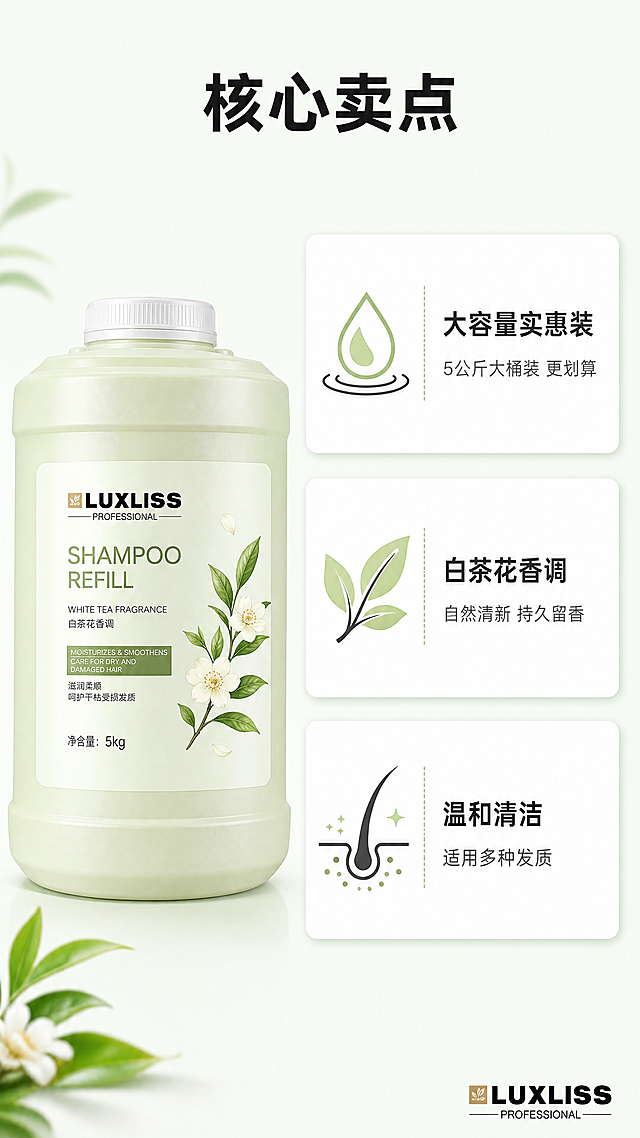 [第2屏] 核心卖点展示屏，花香白茶5公斤中桶洗发露补充液三格卖点。本屏使用【图1】作为商品主体参考。
[氛围/风格] 简约干净信息卡风格，浅白茶绿背景，清晰图文排版，商业设计质感。
[元素布局] 顶部放置产品名称大标题，下方分为三格竖向排列，每个格子展示一个核心卖点。每个格子左位置放图标图形，右侧放置卖点标题和描述，商品logo放在右下角角落，不占主要位置。整体保持每个卖点区域信息清晰，不拥挤。
[光影质感] 整体均匀柔和光照，文字信息清晰明亮，每个卖点卡片有轻微阴影增加层次感。
[配色色系] 全局底色：#F0F7F2（浅白茶绿）；文字主色：深灰#333333；图标配色：浅绿+深灰；卡片背景：白色。
[视角构图] 正面满版排版，竖向三格布局，信息层级清晰从上到下阅读流畅。
[文字版式] 顶部居中主标题“核心卖点”黑色加粗，字号占画面高度6%。三格卖点依次为：第一格图标为水滴，标题“大容量实惠装”，描述“5公斤大桶装 更划算”；第二格图标为茶叶，标题“白茶花香调”，描述“自然清新 持久留香”；第三格图标为发丝，标题“温和清洁”，描述“适用多种发质”。文字清晰，图标文字对齐整齐。
[比例分辨率] 9:16竖版比例，4K分辨率，文字清晰可辨，超高清。
[负向提示词] 产品变形，文字错乱，排版拥挤，颜色偏差，水印，背景杂乱，极限词，违规表达。